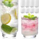 Set of 8 Ribbed Glass Cups with Crystal Base,4 Highball Glasses 18oz & 4 Rocks Drinking Glasses 9oz, Art Deco, for Water, Iced coffee, Cocktail, Juice, Whiskey, Gift