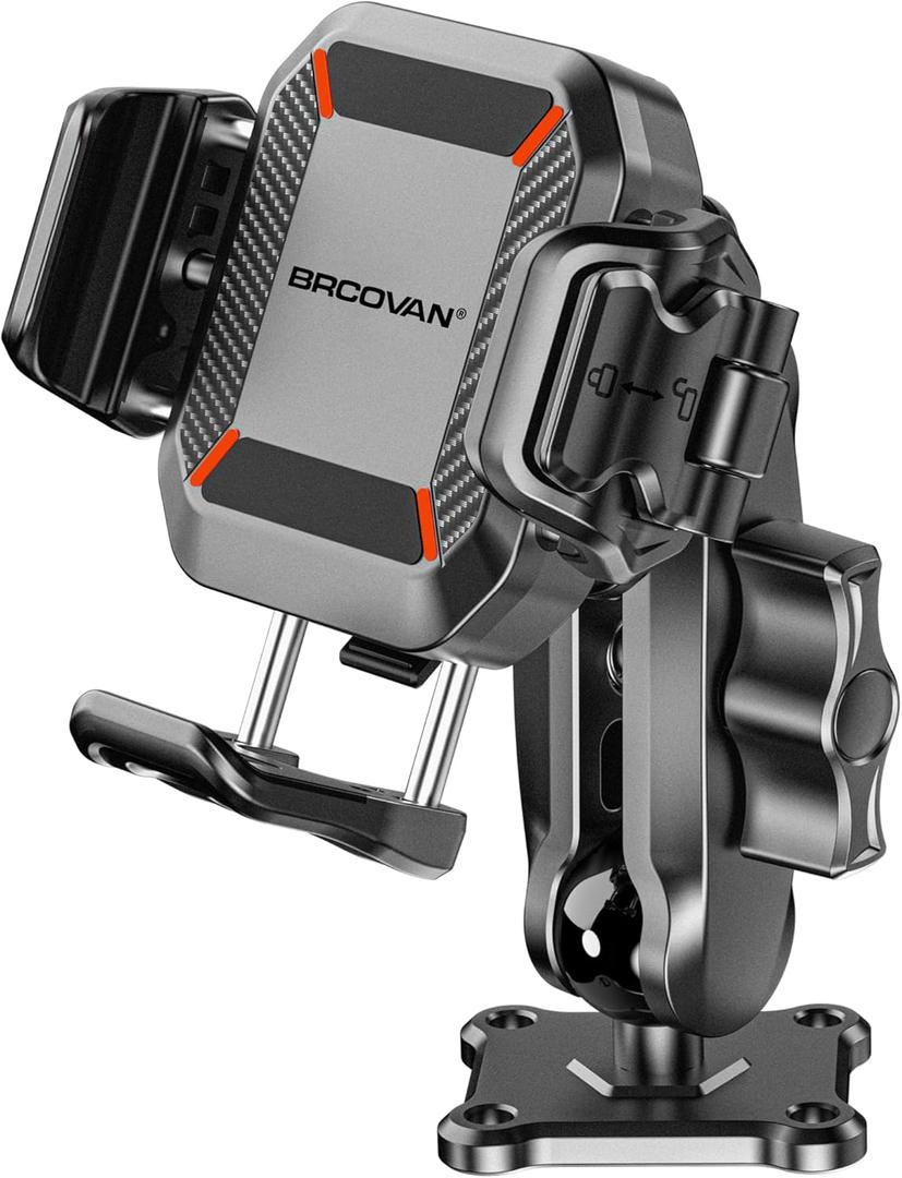 BRCOVAN Anti-Theft Phone Mount Holder with Vibration Dampener [1s Lock & Release] [Camera Friendly] with Aluminum Medium Arm & Square Base, for Car Boat Truck Motorcycle ATV UTV, Fit 5.4-7.2'' Phones