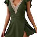 B2prity Women's One Piece Swim Dress Swimsuit Tummy Control Bathing Suit Skirt Ruffle V Neck Split Swimwear, (Army Green, Large)