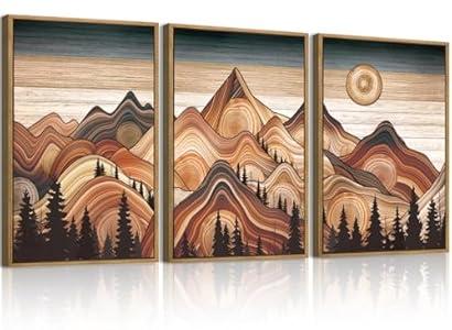 IARTTOP Mountain Framed Canvas Wall Art Set of 3 Vintage Modern Mountain Sun Wall Painting Nature Scenery Print Abstract Tree Ring Wall Decor for Living Room Bedroom Office-16x24 Inch