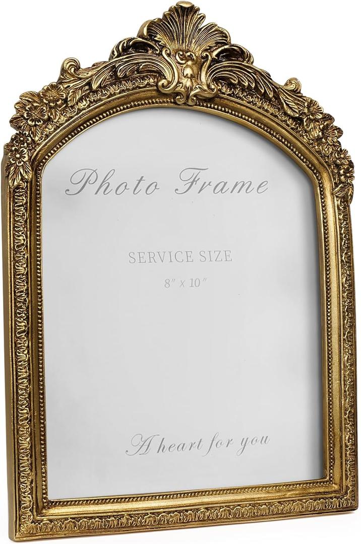 Cuspin 8x10 Picture Frame Vintage Gold Frames, Antique Gold Ornate Resin Photo Frame with Glass Front for Tabletop and Wall Mounting, 8 by 10 Arched Picture Frame for Home Decor