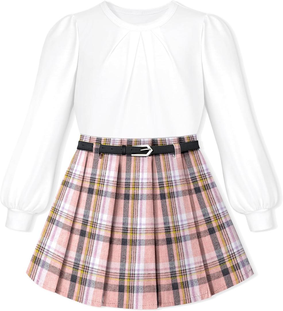 Girls Outfits Size 10-12 Clothes for Girls 10-12 White Crew Neck Ruched Shirt Lantern Sleeve Tops + Pink Plaid Skirts + Cute Hat 3 Piece Fall Winter Girl Skirt Set