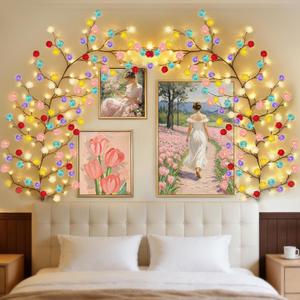 FNHMSL Macaroon Rose Blossom Enchanted Willow Vine Lights, 7.55FT 144LED 6 Color Blossom Tree Branch Lights for Wall, Remote Timer,8 Light Model,Bedroom Wall Doors Wedding, Christmas, USB Battery Box