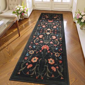 LIVEBOX Washable Runner Rug - Boho Floral 2x6 Kitchen Rug, Non-Slip Carpet Runners for Hallway 6ft, Soft Low-Pile Runner Rugs for Entryway Hallways Laundry Room Bedroom Farmhouse (2x6 ft, Black)