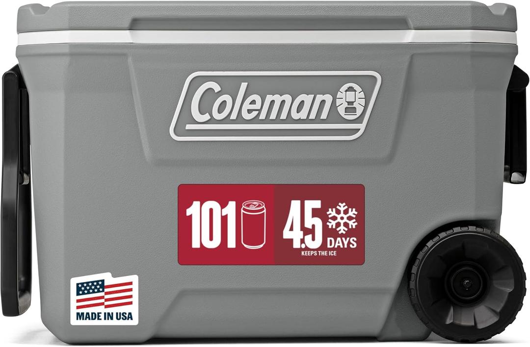 Coleman Classic Series Insulated Rolling Cooler, 62-Quart, Rock Grey | 62qt, Twilight, Fully Insulated for 6 Days, Holds 101 Cans, Have-A-Seat Lid Supports 250 Pounds, Lid Cup Holders