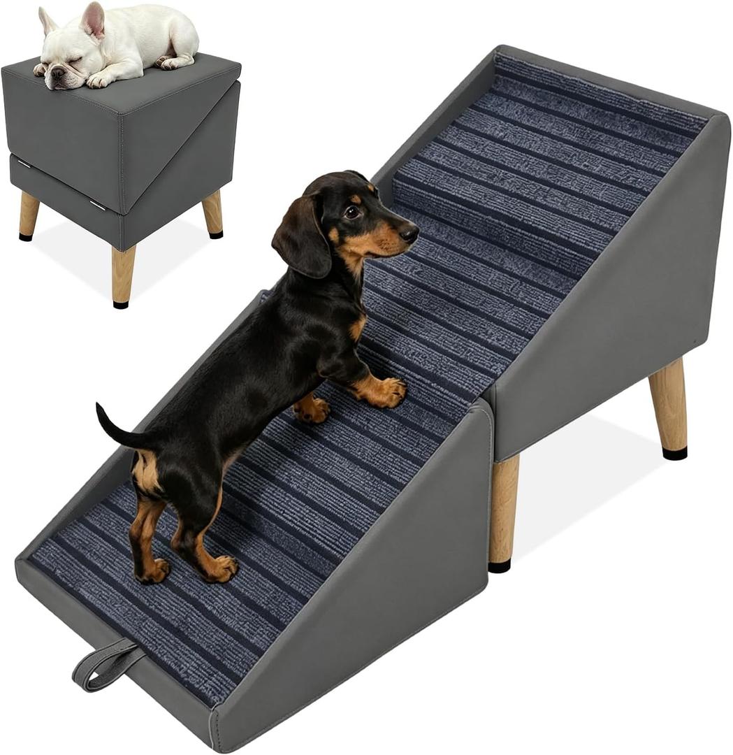 17.3"H Dog Ramps & Stairs, Foldable 2-in-1 Wooden Pet Stairs & Steps & Ottoman, Solid Wood Anti-Slip & Premium Leather Material Pet Ramp, Split Ottoman Design, Pet Steps for Puppy Senior Injured Dogs
