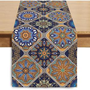 2 x Boho Bohemian Table Runner 36 Inches Long, Vintage Seasonal Blue Table Runners for Party Kitchen Dining Coffee Table Bedroom Dressers Indoor Outdoor, Machine Washable (Bohemian C, 13 x 36)