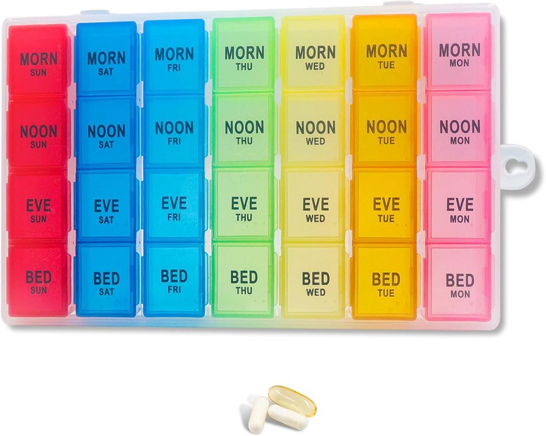 Weekly Pill Organizer 4 Times a Day, 7-Day Pill Boxes, Monthly Medication Organizer 28 Days Portable Compartments & Moisture-Proof Outer Case for Vitamins, Fish Oils, Supplements