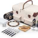 PICNIC TIME Pioneer Deluxe Picnic Basket, Romantic Vintage Wood-Framed Basket Covered in Canvas, Complete Deluxe Service for Two with Water-Resistant Bottom and Two Lids, (Beige Canvas)