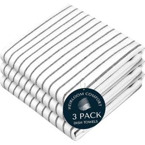 Black Stripe Kitchen Towels (3 Pack), 100% Cotton, Classic Striped Towel Set, Super Absorbent & Durable Dish Cloths, Quick Drying Fabric for Drying Dishes, Everyday Kitchen Cleaning