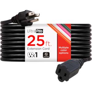UltraPro Outdoor Extension Cord, 25 Ft, Heavy Duty, UL Certified 3 Prong, 16 AWG 3-Wire, Multipurpose Long, 1 Pack, Black, 69275