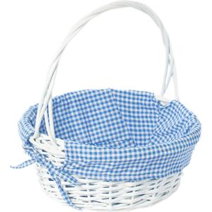 White Round Willow Wicker Gift Basket with Blue Gingham Liner & Handle, Medium Decorative Foraging, Picnic, Storage Basket