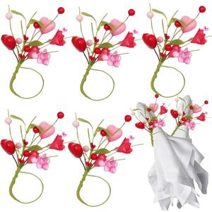 5 Pcs Flower Napkin Rings Valentine Day Heart Red Floral Holder Table Decor Handcraft Artificial Leaves for Wedding Anniversary Mothers Day Party Dinner Supplies