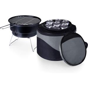 PICNIC TIME Caliente Portable Charcoal Grill & Cooler Tote, Take Anywhere BBQ Grill with Enameled Fire Bowl and Carrying Tote that Doubles as Cooler for Outdoor Cooking Use, (Black with Gray Accents)