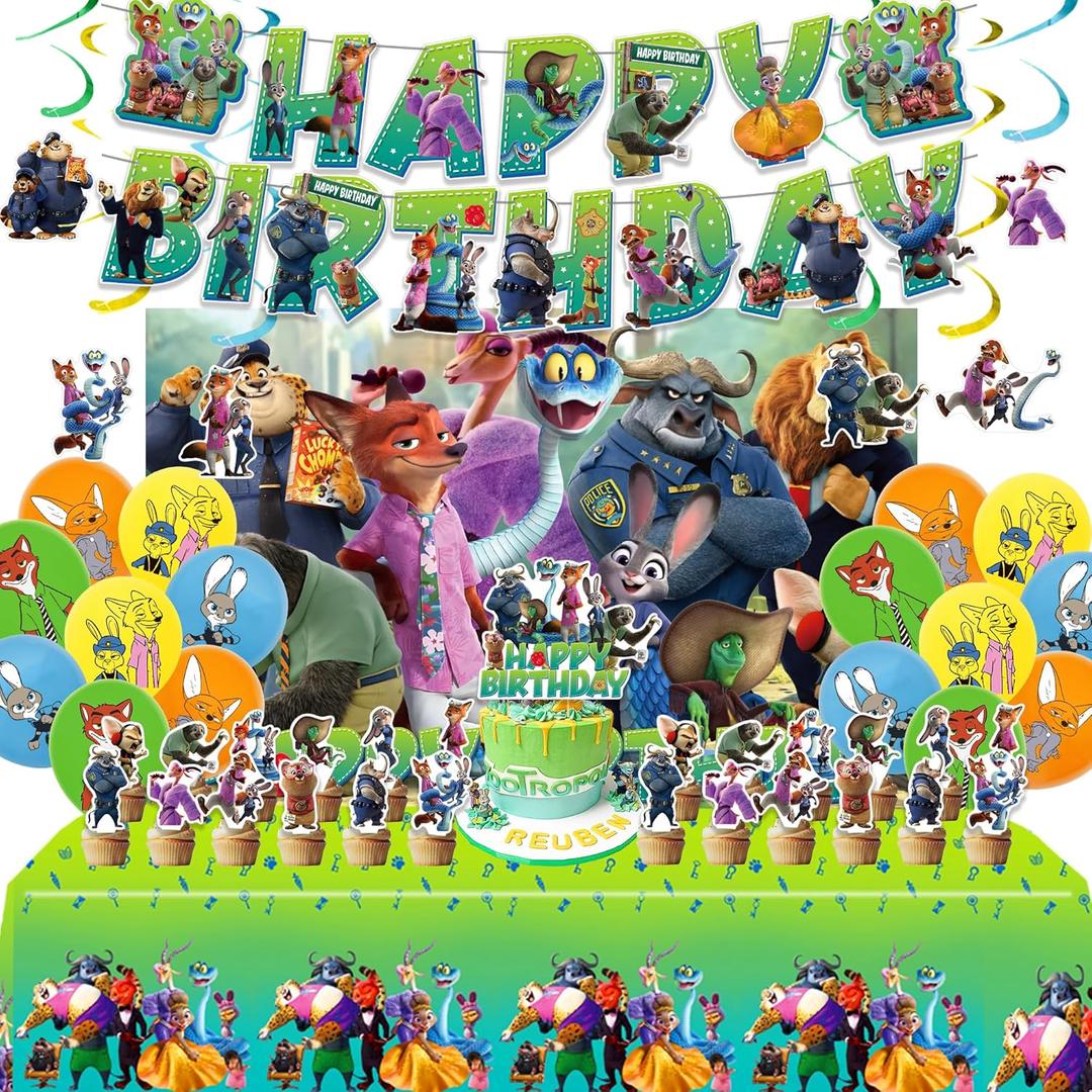 Birthday Party Decorations Set - 1 Backdrop (39" x 59"), 1 Big Topper, 1 Tablecloth, 15 Birthday Banner, 24 Cupcake Toppers, 16 Balloons, 6 Hanging Swirls - JungleThemed Game Celebration
