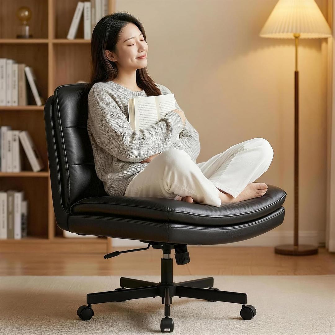 GTPLAYER Cross Legged Office Chair, Armless Desk Chair Cute Vanity Chair with Wheels Computer Chair Comfy Wide Office Chair Adjustable Swivel for Home Computer Task, Pu Light Black