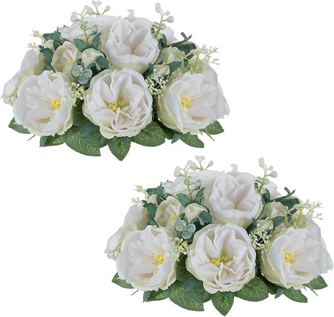 NUPTIO Artificial Flowers Ball Centerpieces: 2 Pcs 9.8 Inch Diameter Fake Kissing Rose Floral Balls for Wedding Party Bridal Shower Valentine Home  White Bouquet Arrangement Decorations for Table