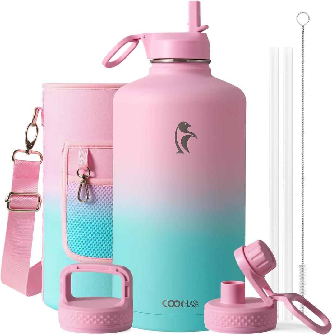 Coolflask 128 oz Gallon Water Bottle Insulated with Straw&3 Lids, Water Jug Large Stainless Steel Metal Vacuum Wide Mouth for Sports, Gym or Office, Non-BPA Keep Cold 48H Hot 24H, Bubblegum Princess
