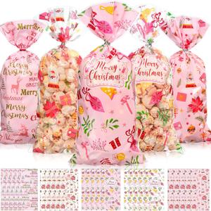 Yeaqee 100 Pcs Pink Christmas Cellophane Treat Bags Christmas Plastic Gift Bags Pink Christmas Candy Cookie Bags Bulk Pink Xmas Goody Gift Bags for Christmas Birthday Party Favors Supplies