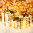 3 Set Christmas Lighted Gift Boxes Decorations 16.4 ft LED Strings Light Boxes Xmas Present Boxes with Ribbon Bows for Christmas Tree Party Outdoor Yard Decor (White Branch)