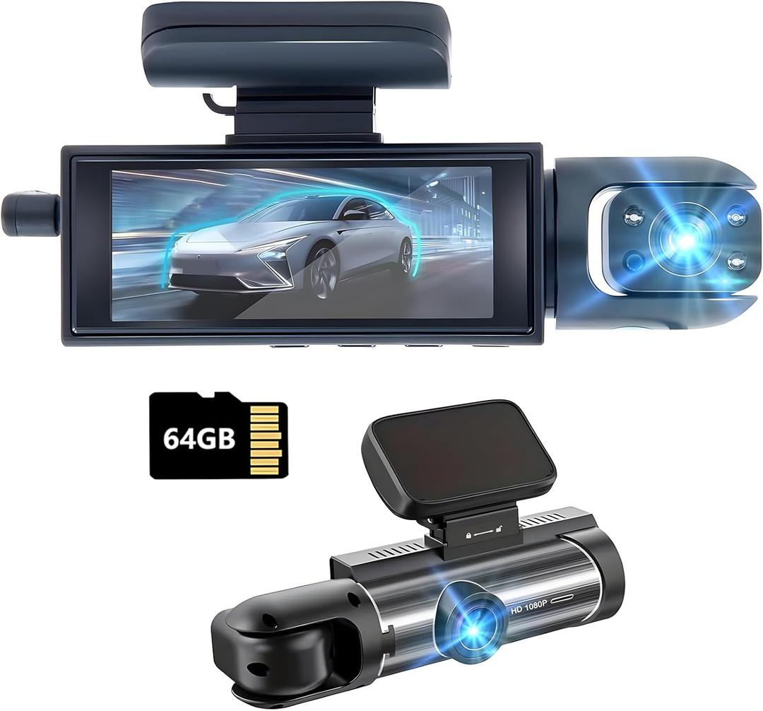 Dash Cam Front and Inside, Dashcams for Cars with 64G Card Traffic Recorder IR Night Vision Loop Recording G-Sensor 24Hr Parking Traffic Recorder (Front/Inside+64G)