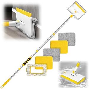 JEHONN Baseboard Cleaner Tool with Handle, 56 inches Base Boards Cleaning Mop Scrubber, 1 Stiff Bristles Brush, 2 Chenille and 2 Microfiber Pads, Wall Duster for Floorboard Ceiling Window (Yellow)