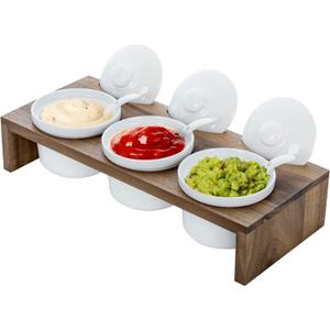 MyGift 10 Pcs Condiment Pot Serving Dish Set, Hosting Essentials, Premium Acacia Solid Wood Raised Display Server Tray and 3 Ceramic Ramekin Dip Bowls with Lids and Spoons