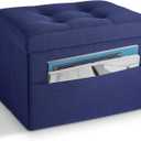LINMAGCO Storage Ottoman Folding Foot Stool Foot Rest with Side Pocket Modern Ottoman with Storage Short Sofa Stool Linen Cloth 17x13x13(Navy)