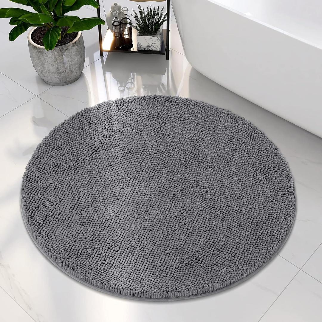HOMEIDEAS Round Bathroom Rug, Luxury Chenille Shaggy Extra Soft and Absorbent Non Slip Machine Washable Bath Mat (Grey, 3 Ft)