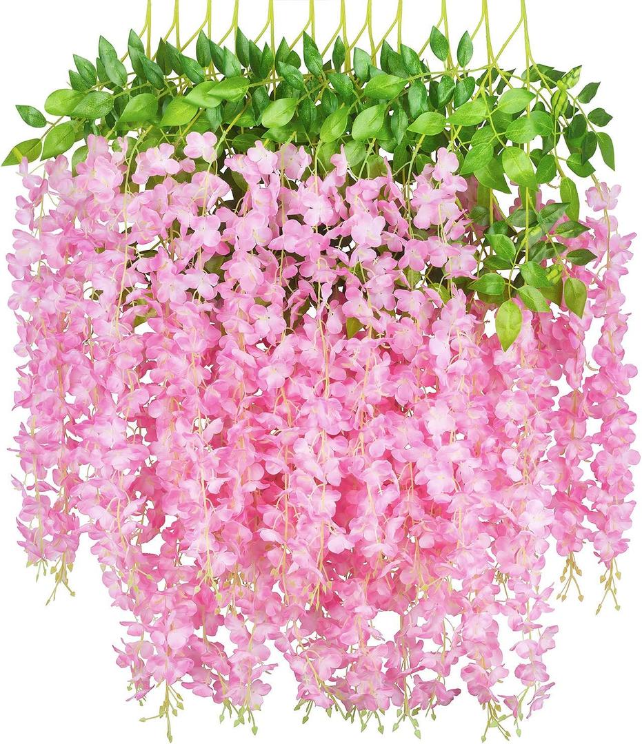 GPARK 12 Pieces/Each 45 inch / 3.7 ft Wisteria Artificial Flower Bushy Silk Vine Ratta Hanging Garland Hanging for Wedding Party Garden Outdoor Greenery Office Wall Decoration Pink