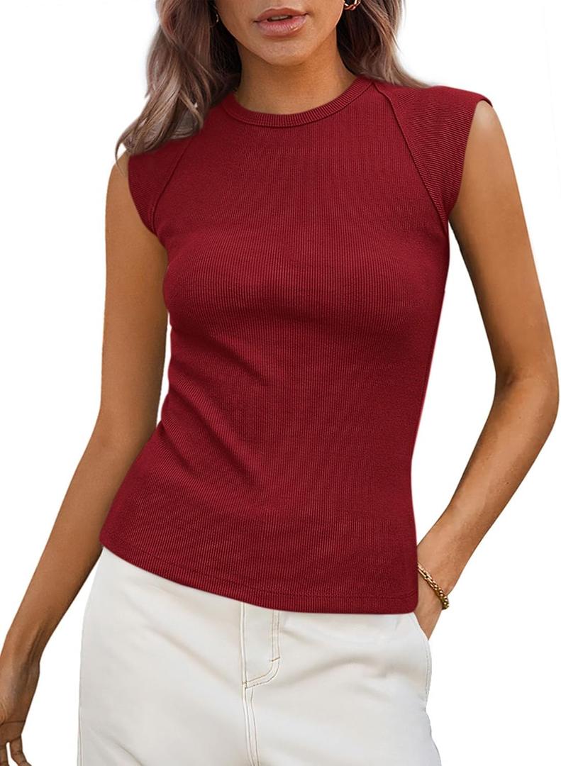 PRETTYGARDEN Women's Ribbed Tank Tops 2026 Summer Cap Sleeve Slim Fitted Knit Basic Casual Tee Shirts Trendy Fashion Clothes (Red, L)