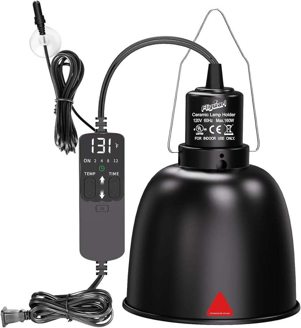 Reptile Light Fixture with Thermostatic Timer, 5.5 Inch Deep Dome Reptile Heat Lamp Fixture with Thermostatic Timing Remote Control Max 160W for Reptile Glass Terrariums
