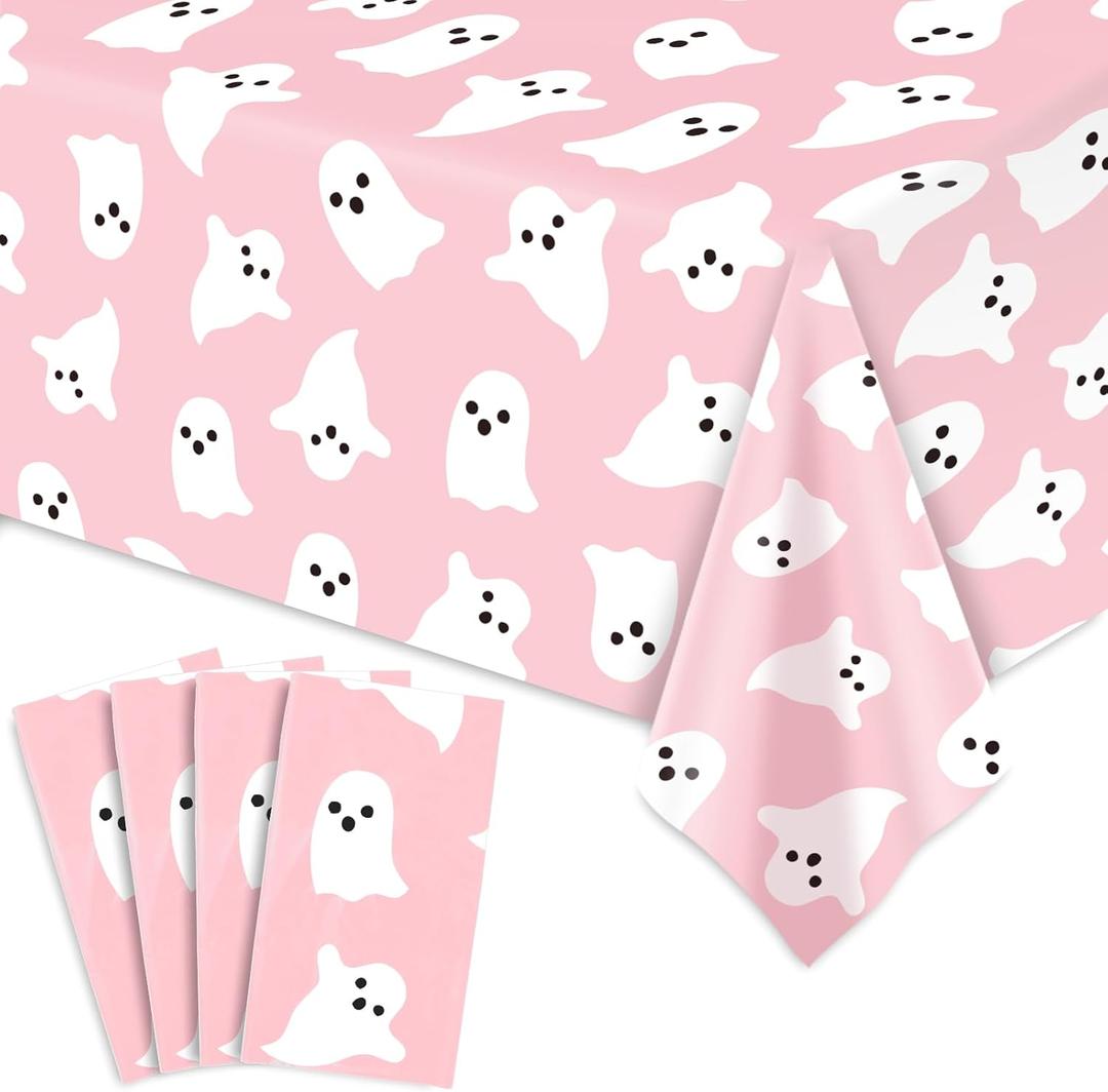 4 Pcs Halloween Plastic Tablecloths Pink White Ghost Disposable Table Cover Cute Rectangle Table Cloth for Birthday Baby Shower Party Decor, 54 x 108 Inch