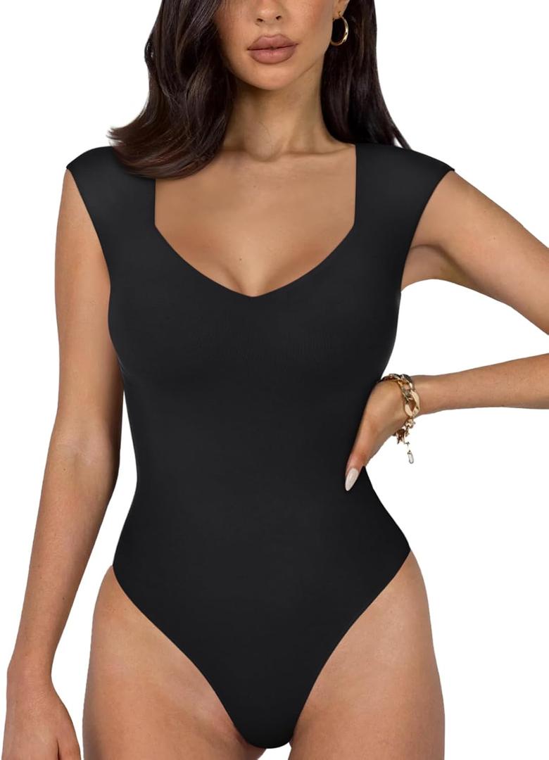 REORIA Butsmooth Women's Trendy Sexy Casual V Neck Double Lined Sleeveless Slimming Going Out Tank Top Bodysuits (Medium, Black)