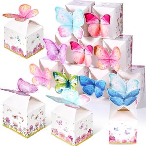 Ctosree 24 Pcs Butterfly Party Favor Boxes Floral Candy Treat Bags Pink Girl Butterfly Gift Paper Box Purple Blue Decor for Princess Birthday Party Spring Baby Shower Supplies