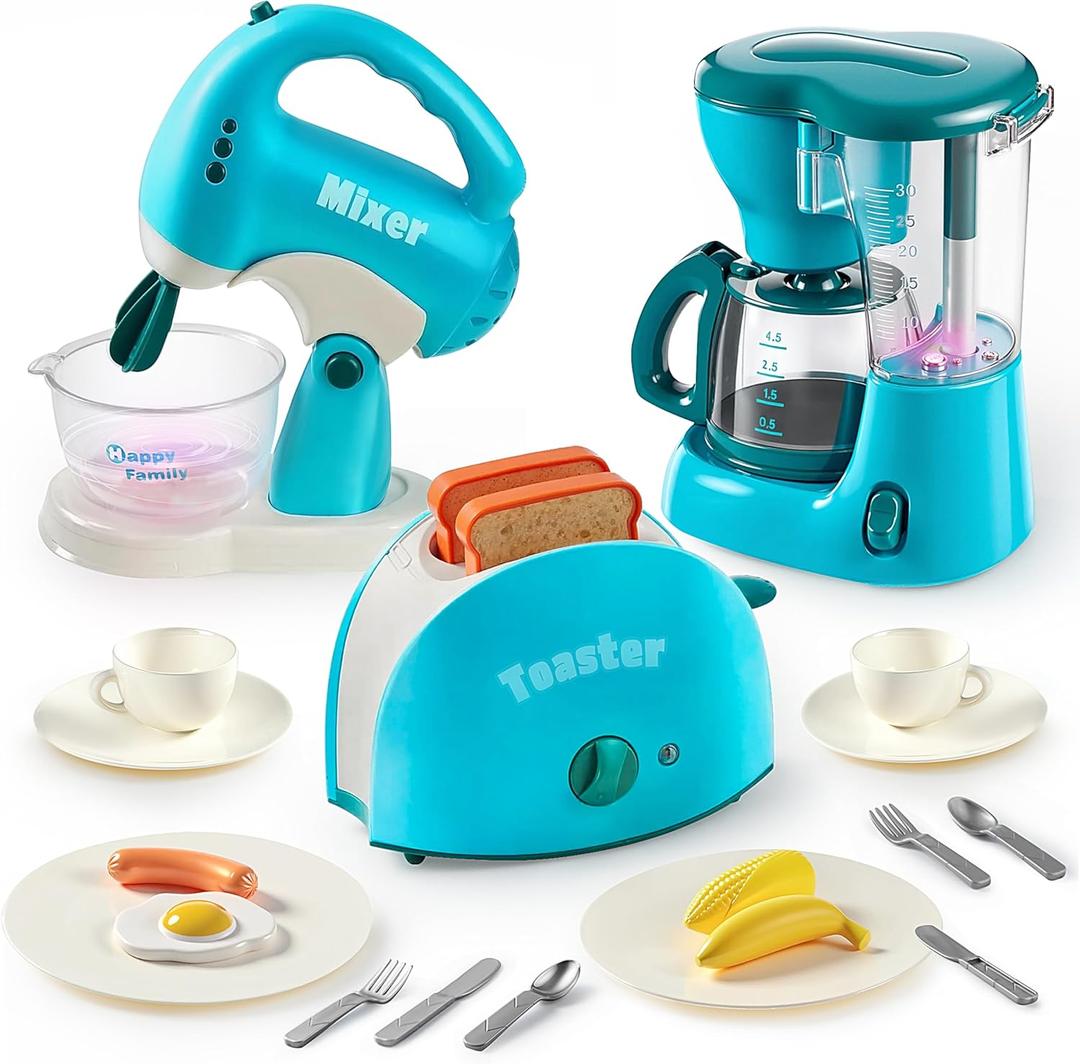 Joyin Play Kitchen Toys, Pretend and Play Food Kitchen Accessories Girls Toy with Coffee Maker, Mixer, Toaster with Realistic Lights& Sounds, Birthday Gift for Kids, Gifts for Christmas (Blue)