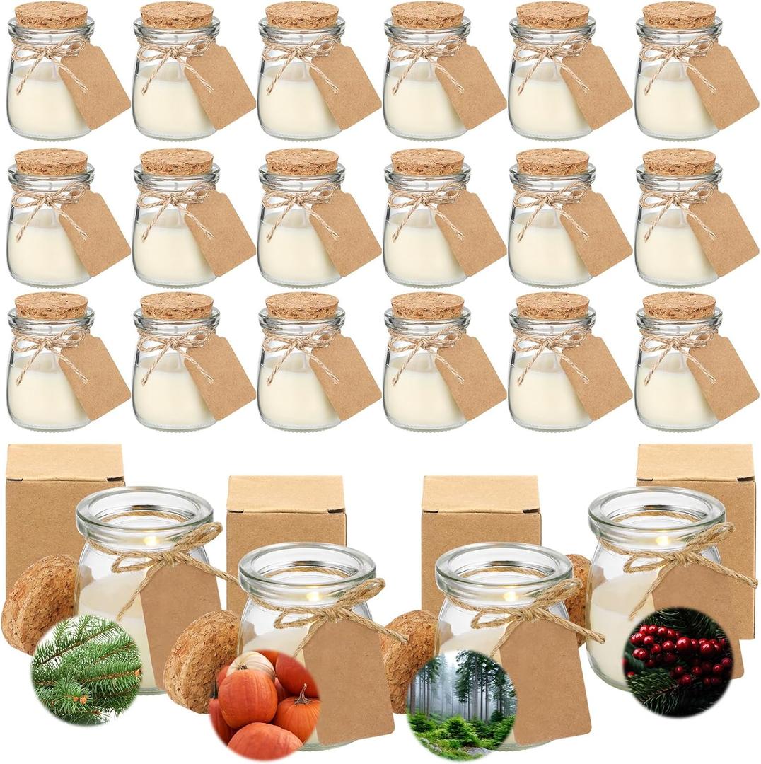 MTLEE 24 Pcs Christmas Jar Candles Thanksgiving Candles Natural Wax Jar with DIY Tag Cards Holiday Gift for Christmas Friendsgiving Party Favor Home Decor, Scents of Pine/Pumpkin/Misty Forest/Berries