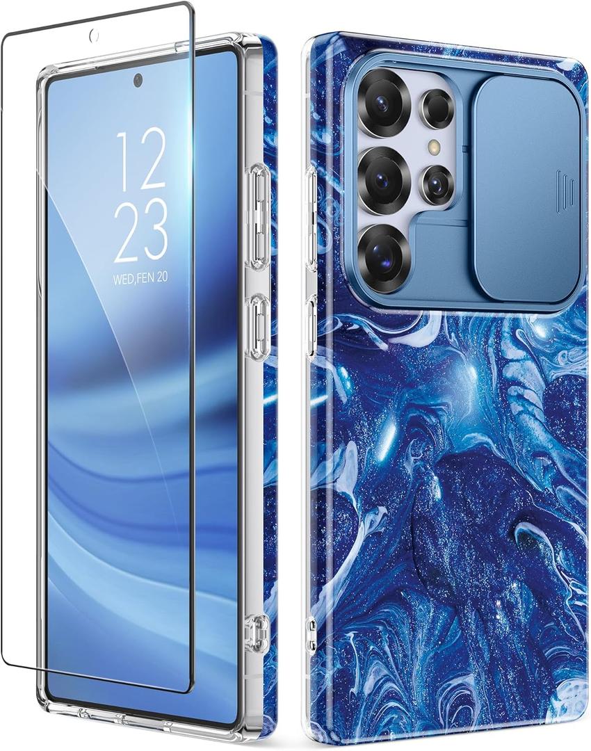 GVIEWIN for Samsung Galaxy S25 Ultra Case with Slide Camera Cover, [Screen Protector] [Shockproof Military Grade Drop Protection] Marble Slim Fit Hard PC Phone Cover S25 Ultra 6.9" 2025 (Star Abyss)