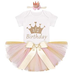 IDOPIP My 1/2 1st Birthday Outfit Baby Girls Shiny Crown Romper + Ruffle Tulle Skirt + Sequins Crown Flower Headband Glitter Party dress 2PCS Photo Cake Smash Clothes Set Gold 1/2 Birthday 3-6 Months