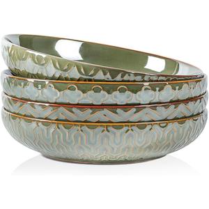 Sureasy Pasta Bowls Set of 4-30oz Large Ceramic Embossed Bowl Plates, 8.5 Inch Wide and Shallow Plate Bowls, Salad Bowl, Microwave, Oven & Dishwasher Safe, Green