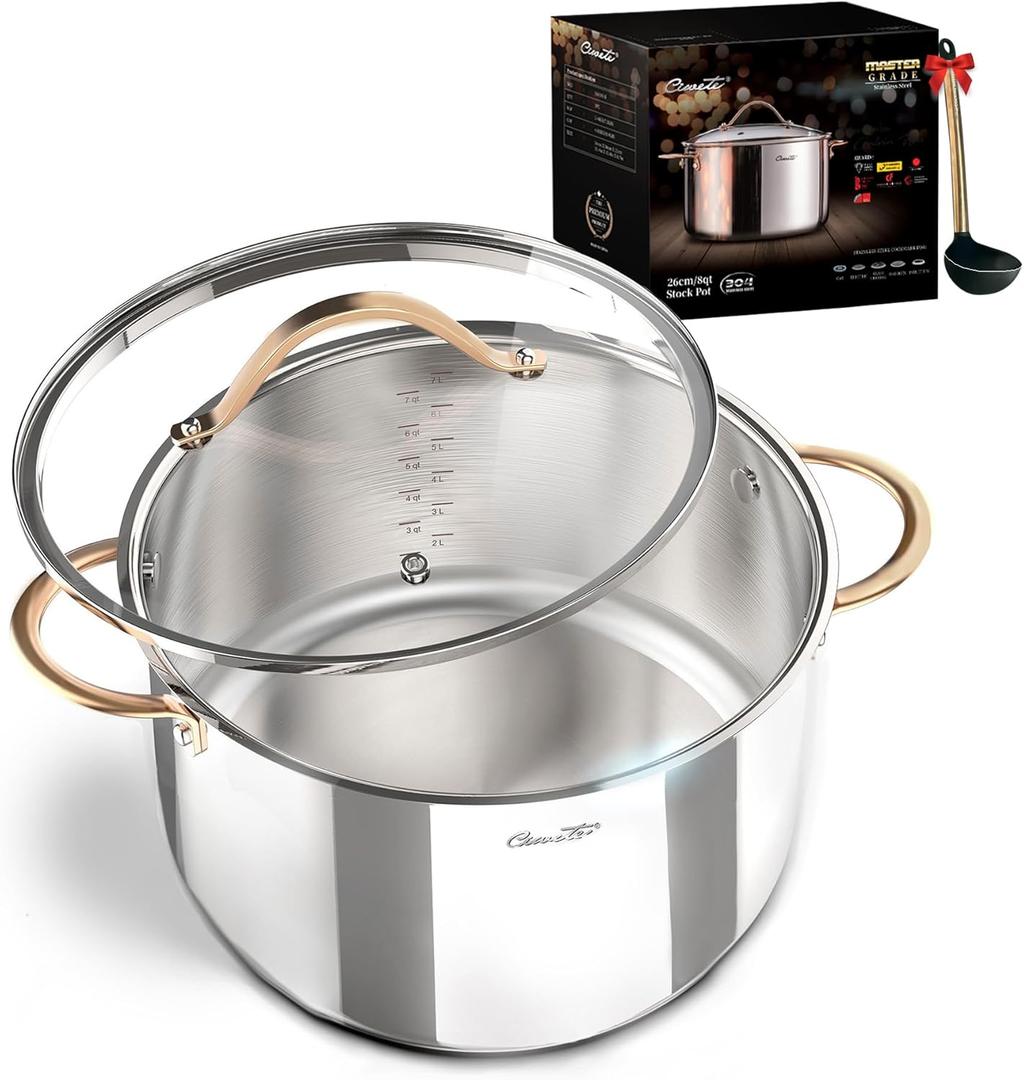 8 Quart Stock Pot, 3 Ply Whole Clad Stainless Steel Stock Pot, 8 QT Cooking Pot with Lid, Induction Pot for Cooking, 18/10 Stainless Steel Cookware Stockpots Oven, Gas and Dishwasher Safe (8 Quarts)