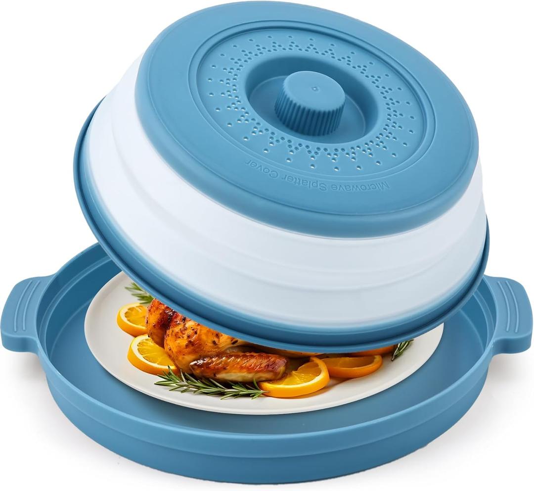 Microwave Splatter Cover for Food with Anti-scald Base Plate,Large Plastic & Silicone Vented Avoid Scalding Collapsible Guard Lid,Kitchen Essential Gadgets for Meal Prep-10.7 Inch (Blue)