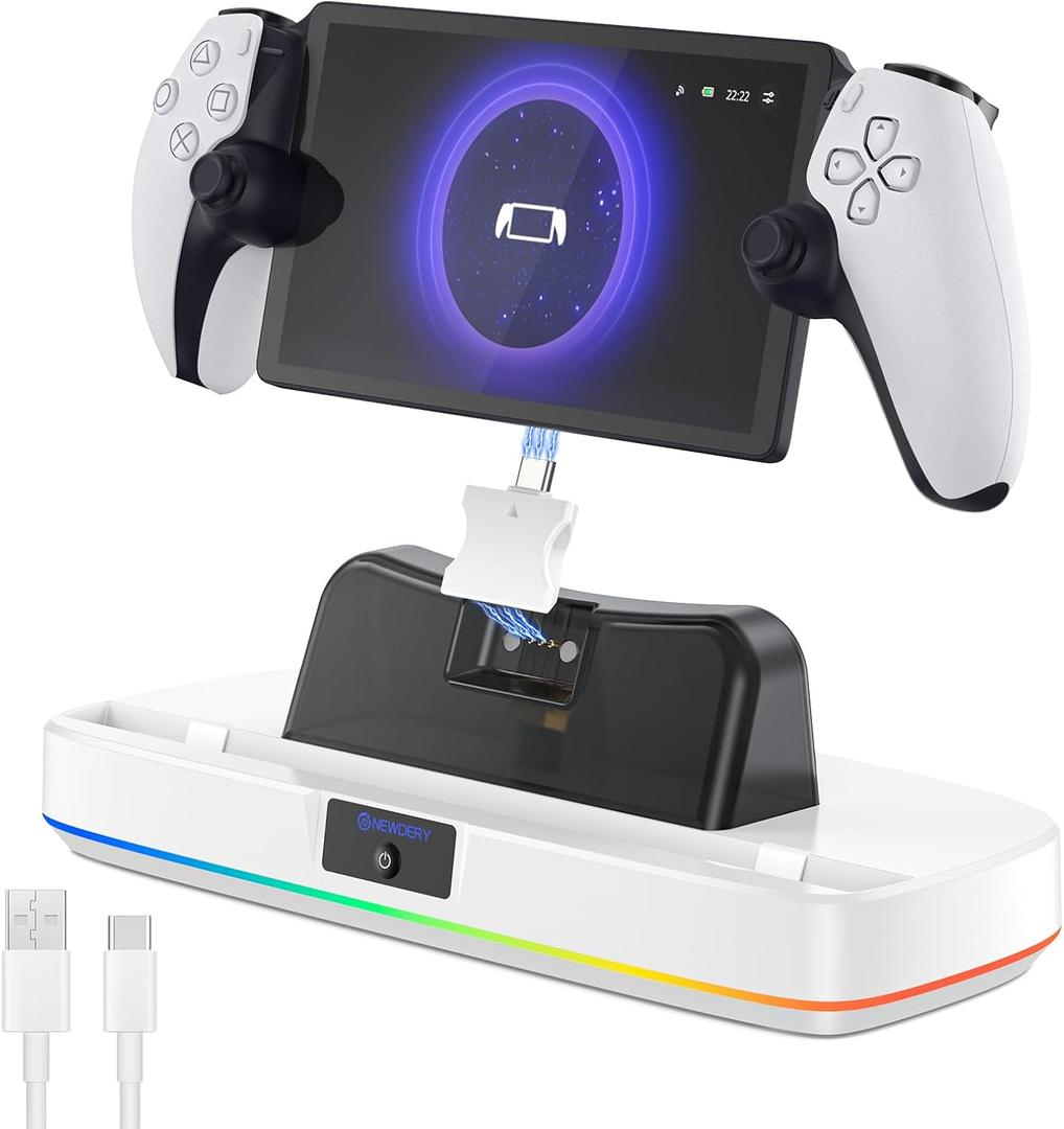 NEWDERY Charger Dock for PS Portal, Portable Charging Station with RGB Light and Type-C Cable, Case-Friendly Magnetic Connector Charging Stand for PlayStation Portal Remote Player