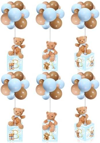 Lenwen 6 Sets Baby Letter Boxes Decorations Table Centerpieces for Baby Shower Gender Reveal,Bear Stuffed Animals Balloon with Stand Plush Toy Boxes for Birthday Party Wedding(Bear,Blue)