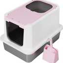 RIZZARI Enclosed Cat Litter Box: Extra Large Pink Litter Pan with Top Exit & Anti-Leak Design - Teflon Non-Stick Coating Stainless Steel Cleaning - Odor-Control in Garage Utility Room