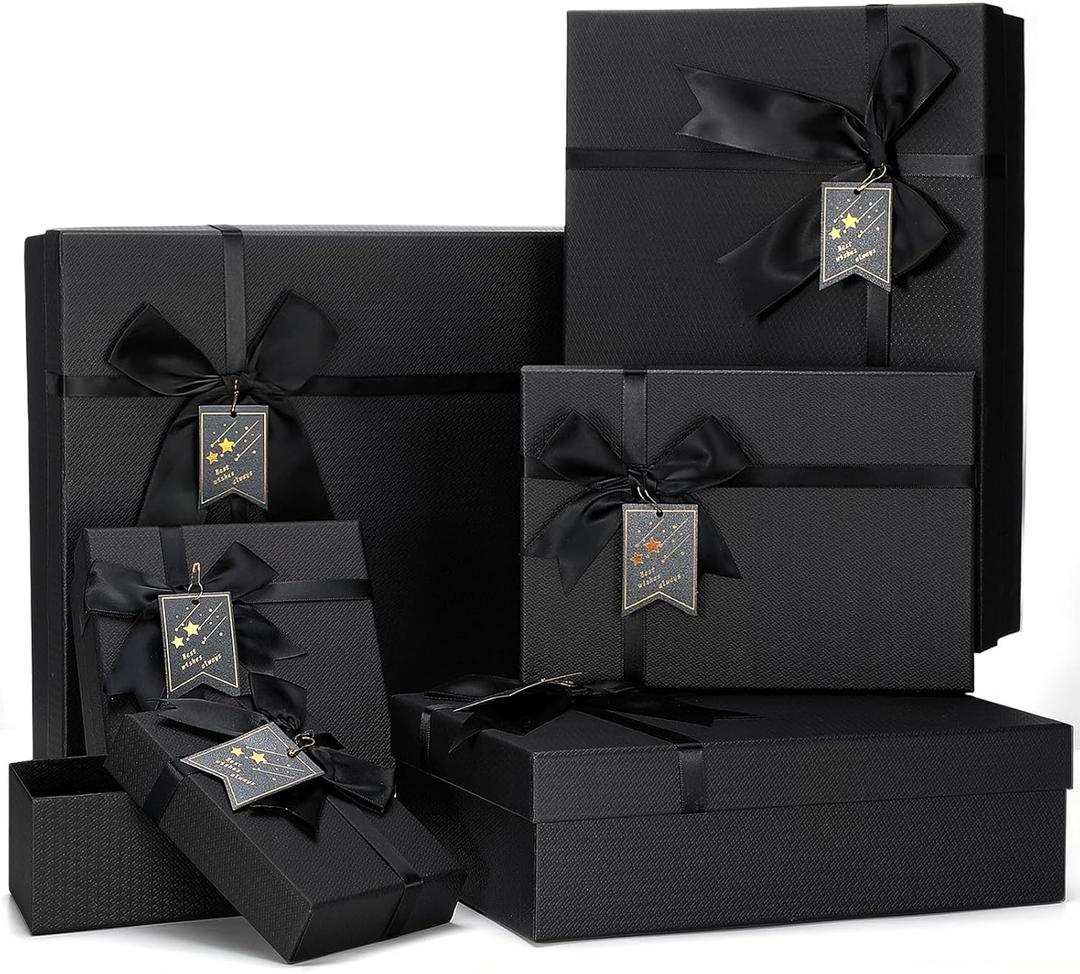 Jetec 6 Pack Gift Boxes Nested Wrapping Boxes with Lid for Presents 6 Assorted Sizes with Ribbon Bows Label for Weddings Birthdays Bridal Shower Anniversary Party(Black)