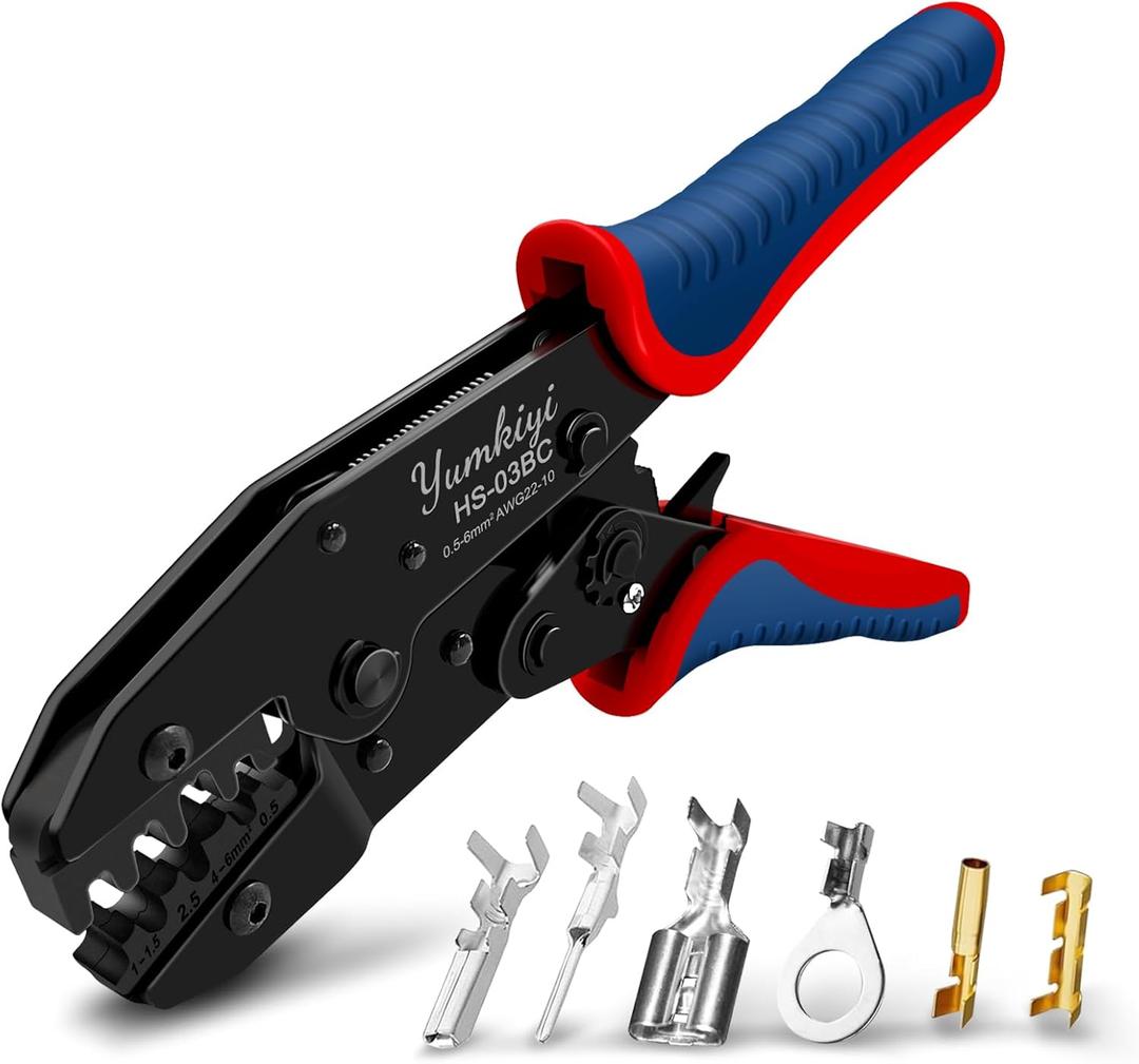 Crimping Tool for Non-Insulated Open Barrel Terminals, AWG22-10 - Ratchet Crimp Tool, Adjustable Force Wire Crimper Tool HS-03BC