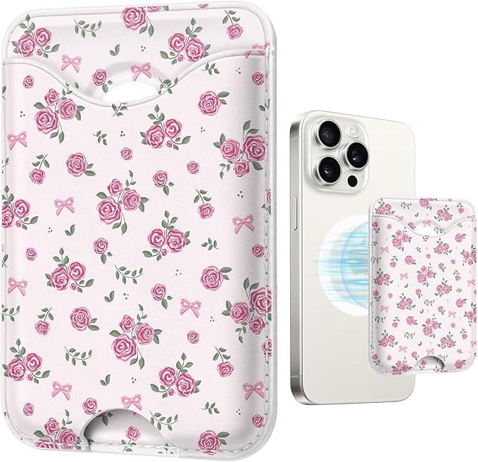 Cute Flowers for Magsafe Wallet Compatible with iPhone 17/16/15/14/13/12 Series Pro Max Plus (Purple Floral Magnetic Card Holder for Women) (Fit 3 Cards Lether Phone Magnet Mag Safe Wallets)