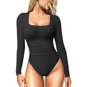 OQQ Women's Bodysuits Ruched Long Sleeve Square Neck Lounge Stretch Travel Bodysuits (Black, XL)