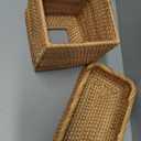 Teenyyou 2 Pcs Rattan Toilet Vanity Tray & Square Tissue Box Cover Set, Handwoven Natural Wicker Countertop Organizer, Decorative Storage for Bathroom, Bedroom, Kitchen & Office(Natural Color)